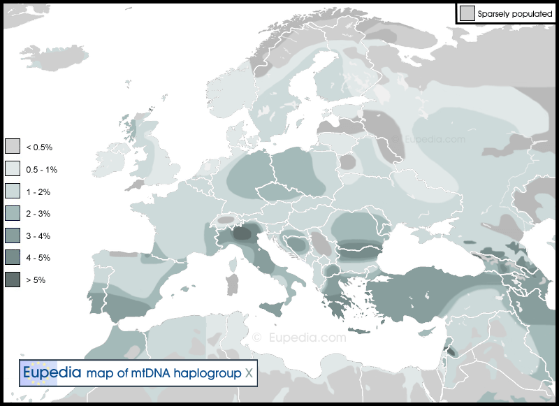 Mission: Atlantis picture. Map of distribution of mtDNA haplogroup X in Europe, Middle East and North Africa.