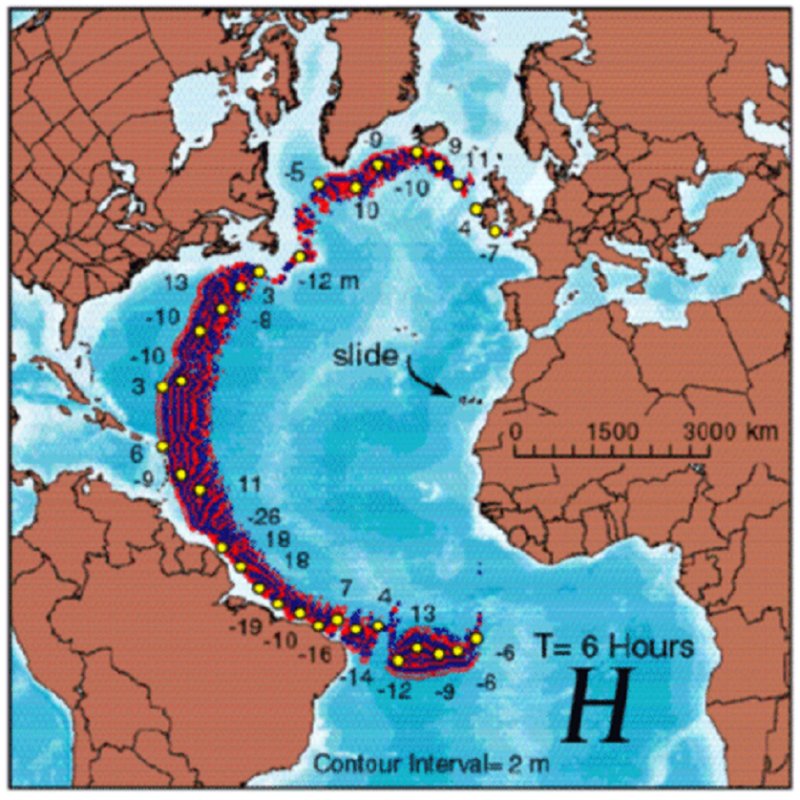 Atlantis: Evidence -- Map of the Atlantic Ocean showing results of a Cumbre Vieja mega-tsunami.