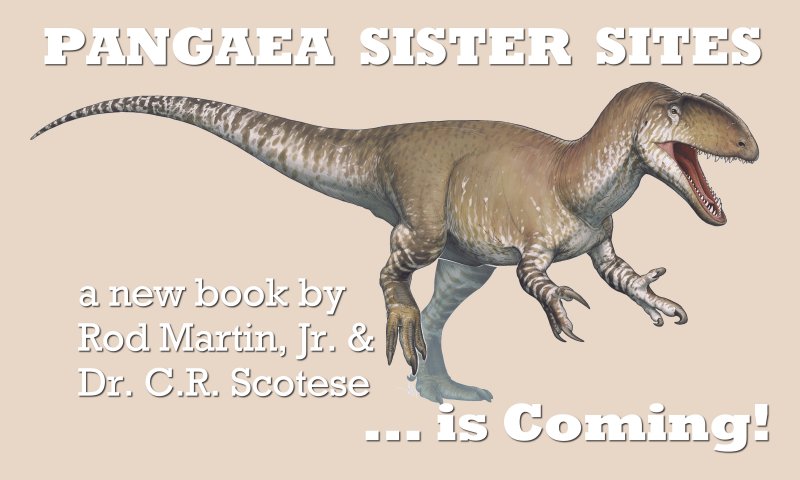 Pangaea Sister Sites announcement with illustration of dinosaur, Neovenator