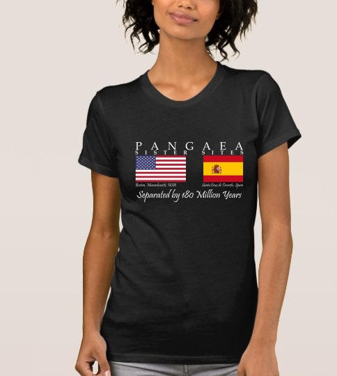 Dark t-shirt with Pangaea Sister Sites design showing American and Spanish flags.